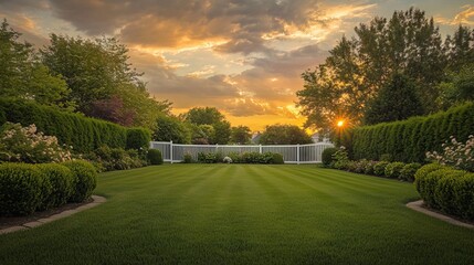 Fototapeta premium Tranquil backyard vista with meticulous lawn maintenance, formal boxwood boundary hedge, traditional white fence backdrop, dreamy sunset clouds, architectural garden design, real estate photography