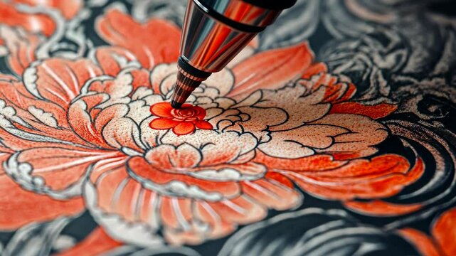 Close-up of detailed tattoo stencil on skin, vibrant ink and professional tools in modern creative studio