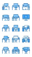 Set of office outline icons in blue color on white background. Collection of desks, computers, projects, etc. Vector illustration. Editable stroke.