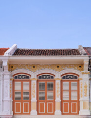 Vintage Sino-Portuguese architecture background at George Town, Penang. Heritage House's Antique Window Shutters.