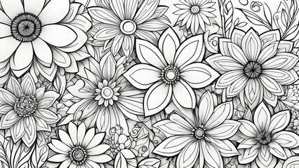 A detailed illustration featuring a dense arrangement intricately designed monochrome flowers leaves.