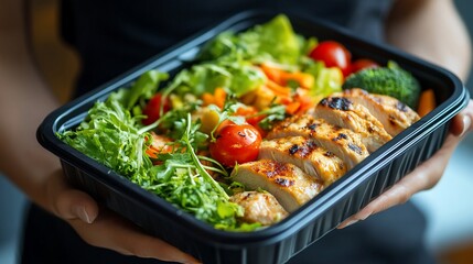 Healthy meal prep grilled chicken breast with fresh salad in a black container.