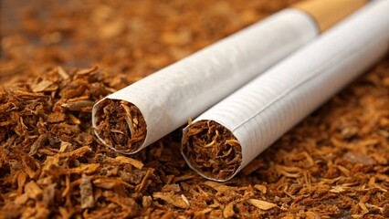 Close-up of Cigarettes and Loose Tobacco, Raw Nicotine Product