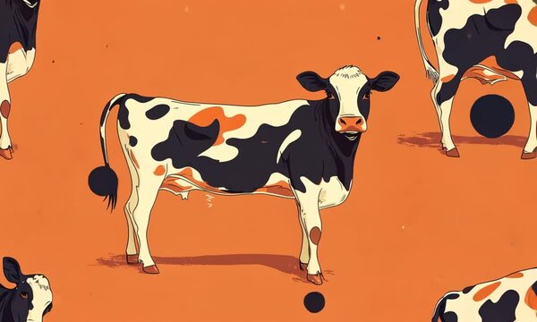 Cows on Orange Plain Cattle stand, orange plains. Vector, digital art, pattern