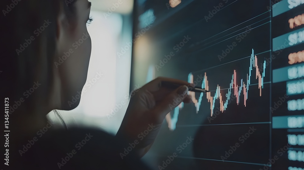 Poster a business professional intently examining floating financial data and market graphs displayed on a 