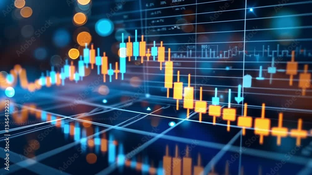 Poster digital chart with bright data points representing financial market trends and analysis in modern st