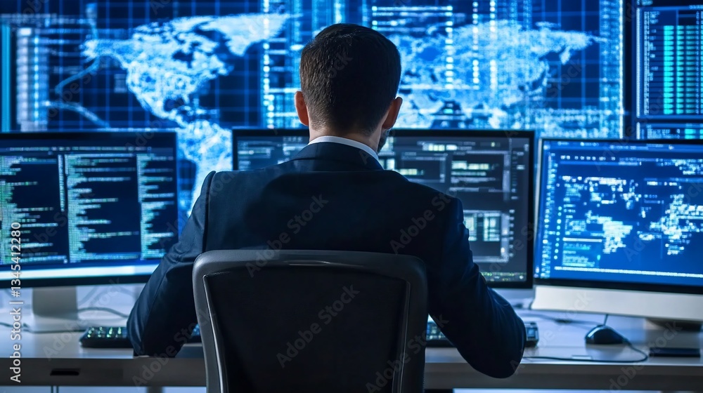 Aufkleber cybersecurity analyst monitoring data streams and global network threats