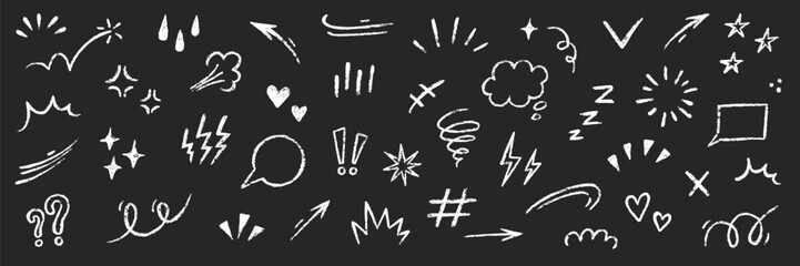 Fototapeta premium Line movement element hand drawn chalk effect decoration shape. Hand drawn cute doodle line element arrow, emphasis, shock, sparkle. Motion cartoon movement chalk icon. Vector illustration