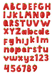 alphabet with red and white letters. Strawberry alphabet. Alphabet for kids and school.