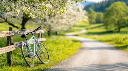 Fototapeta premium Serene Bicycle against Blooming Trees along a Tranquil Pathway in Nature's Splendor