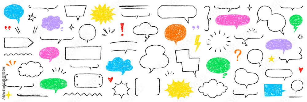 Poster crayon speech bubble text frame dialog balloon hand drawn set. crayon chalk doodle talk speech bubbl