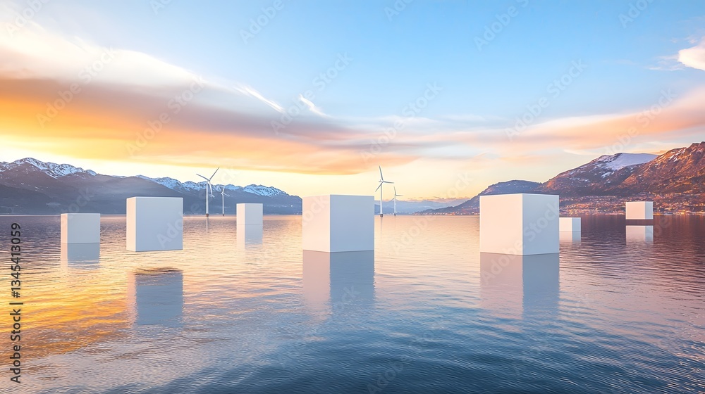 Aufkleber breathtaking 3d rendering of a self sustaining ai driven floating city powered by a combination of w