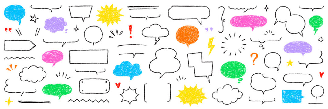 Crayon speech bubble text frame dialog balloon hand drawn set. Crayon chalk doodle talk speech bubble frame. Hand drawn chalk dialog balloon, children color doodle text cloud. Vector illustration.