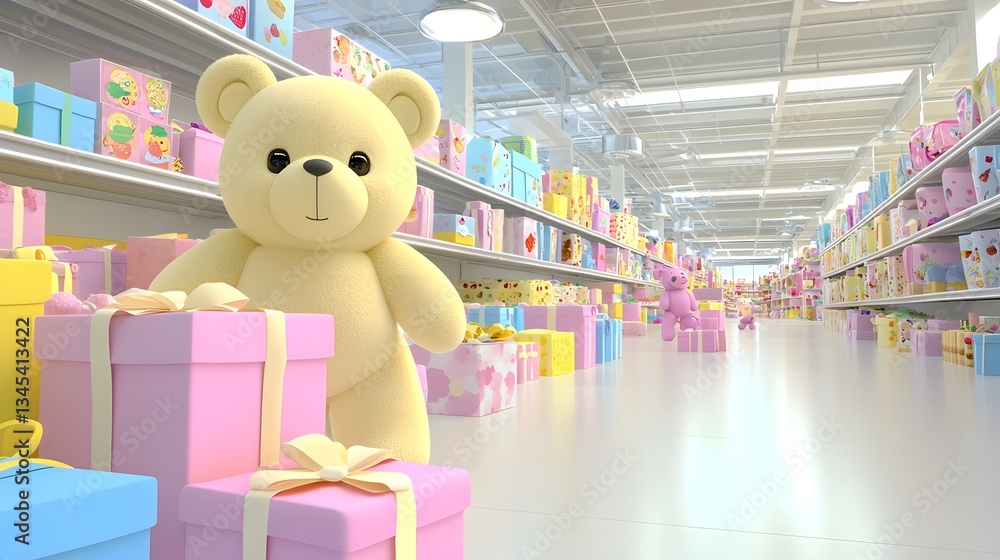 Poster cheerful 3d animated teddy bear character guides children in interactive flashcard game with colorfu