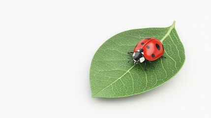 Fototapeta premium Bright Red Ladybug Crawling on a Green Leaf with Detailed Textures and Natural Background