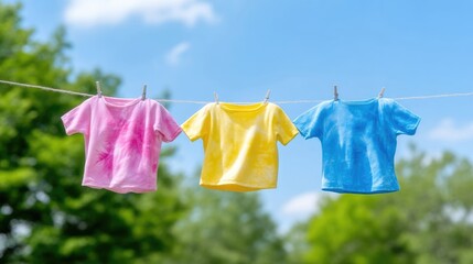 Colorful tie-dye shirts drying outdoors