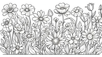 Fototapeta premium A detailed black white illustration showcasing a diverse array wildflowers full bloom.