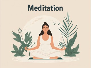 https://s.mj.run/0bIBs1weJZs A flat vector illustration of yoga, with the text "Meditation" in large font above it. A woman meditating in lotus position surrounded by plants and trees. Simple shapes, 