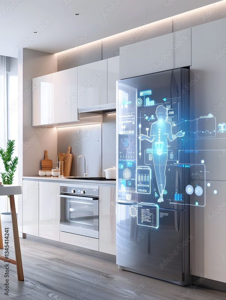 Poster cutting edge ai powered smart refrigerator with futuristic holographic interface and display showcas