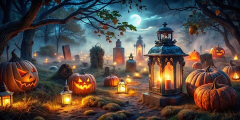 Eerie Glowing Tombstone Lanterns & Pumpkins in Spooky Graveyard Halloween Night