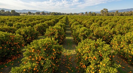 Fototapeta premium A vibrant orange orchard filled with green trees heavy with ripe fruit, basking in sunlight. Rows of orange trees and scattered fallen oranges create a picturesque agricultural landscape.