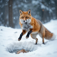 Obraz premium Photorealistic image of a fox chasing prey, flight phase in a jump.
