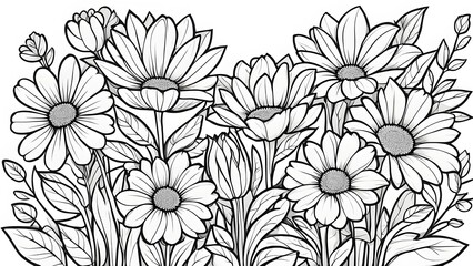 A detailed black white illustration showcases a vibrant bouquet daisies tulips, meticulously drawn intricate linework.