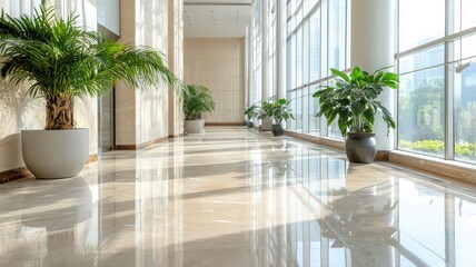 Bright Modern Hallway with Beige Marble Floor and Potted Plants