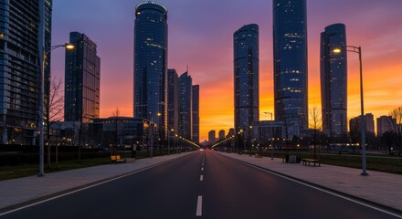 A vibrant urban landscape showcasing modern skyscrapers against a stunning sunset. The scene captures day transitioning to night, illuminating city streets and architecture.