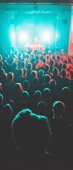 Obraz premium Audience Watching Performer on Illuminated Stage at Crowded Concert in Darkened Entertainment Venue