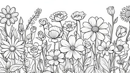 A detailed line art illustration showcases a vibrant array flowers full bloom, creating a beautiful garden border.