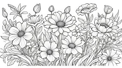 Fototapeta premium Intricate line drawing a lush bouquet featuring various flowers leaves.