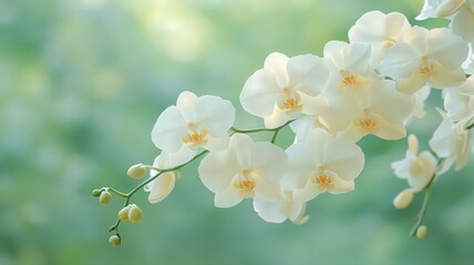 Delicate White Orchids Blooming Against Soft Green Background