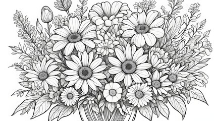 A detailed black white line drawing a lush bouquet various flowers.