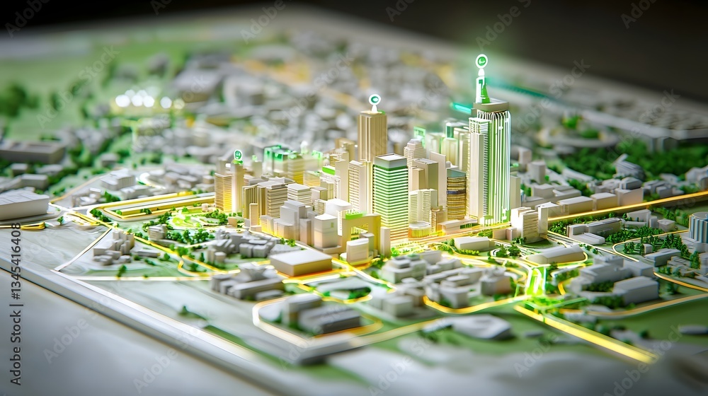 Poster futuristic 3d rendering of a neon lit city skyline with a smart grid infrastructure running on 100 r