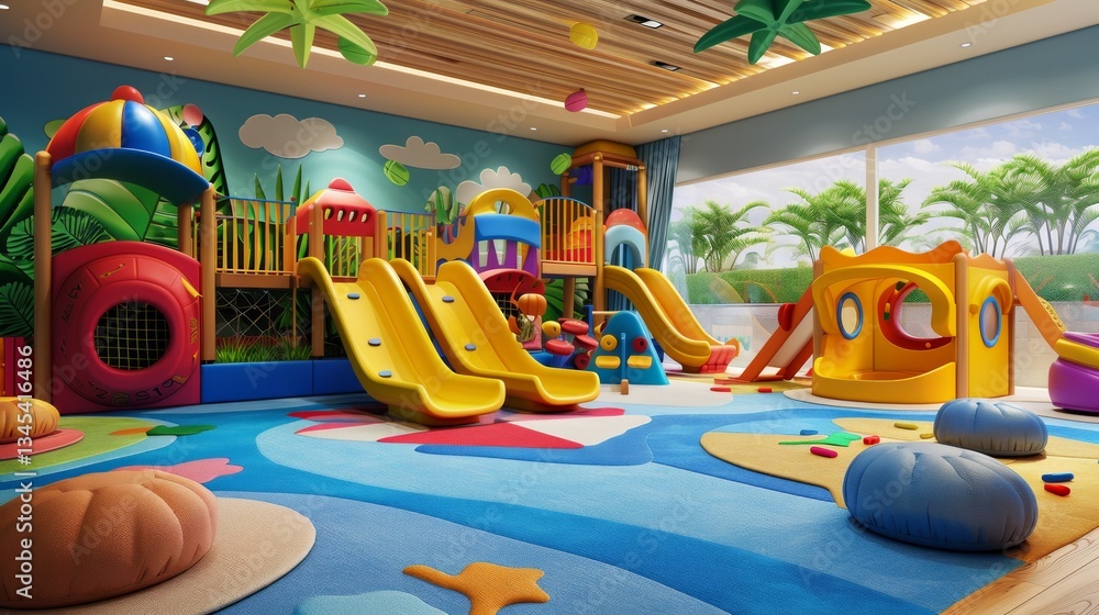 Poster bright and colorful preschool playground with slides and educational toys inviting children to learn