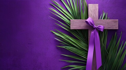 A wooden cross with a purple ribbon and a palm leaf on a violet background, symbolizing Palm Sunday and Christian faith. 