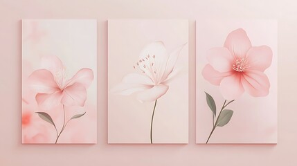 Three elegant floral artworks in soft pink hues, perfect for home decor.