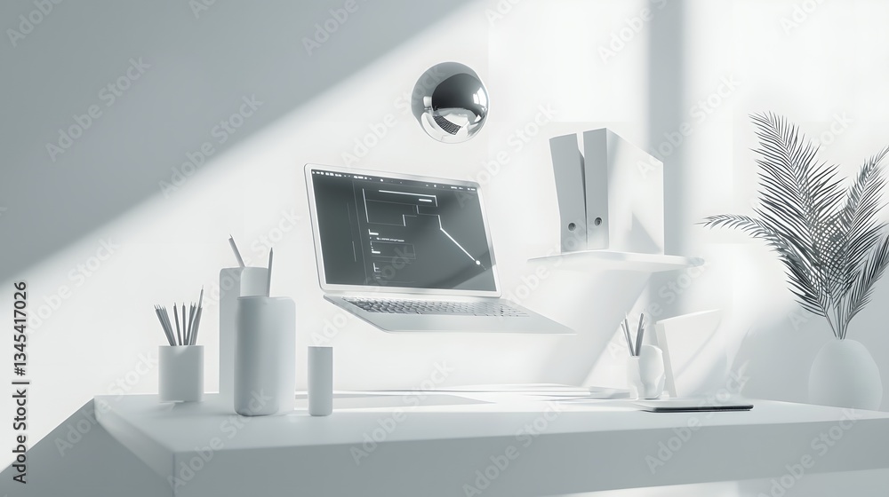 Poster futuristic and high tech workspace setup featuring a floating holographic interface a sleek silver l