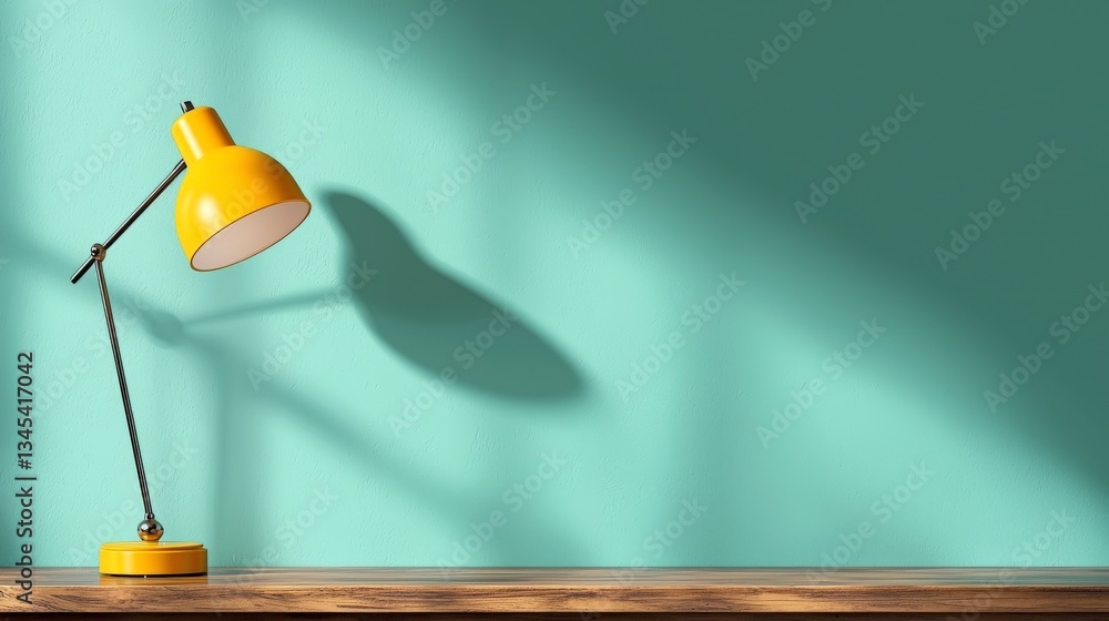Poster illuminated serenity: a vibrant yellow desk lamp casts dynamic shadows against a muted teal wall, cr