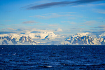 Panoramic view of Leay Glacier in Girard Bay near the southern end of Lemaire Channel off the coast of Antarctica