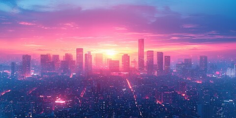 Vibrant City Skyline at Sunset with Pink and Blue Sky Colors