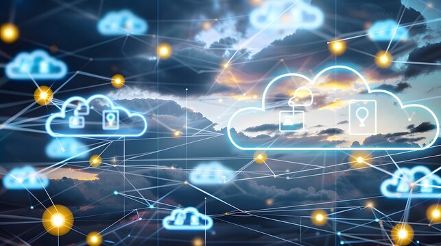 Futuristic cloud computing pattern with interconnected data storage icons floating in a deep digital sky representing the advanced technology digital networking