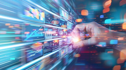 Fototapeta premium Futuristic digital interface with overlapping holographic panels luminous neon accents and a dynamic blurred pattern This abstract technology inspired background evokes a sense of innovation