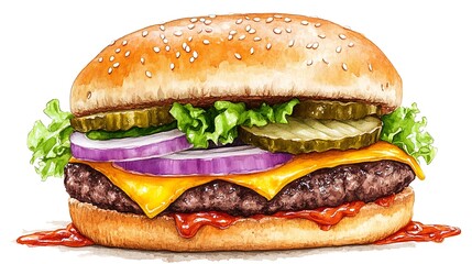 Juicy Burger Delight With Fresh Vegetables and Sesame Seed Bun for a Delicious Fast Food Treat