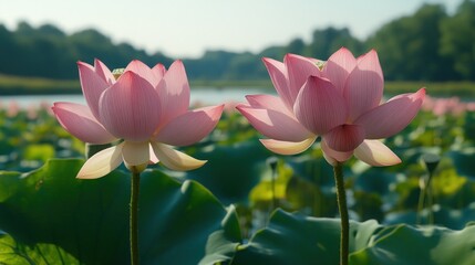Fototapeta premium Pink lotus flowers in a pond