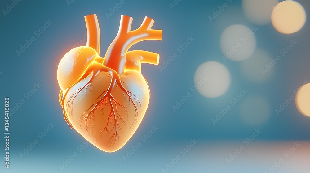Poster futuristic holographic 3d simulation of the human heart with pulsating neon energy lines flowing thr