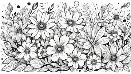 A detailed black white illustration a lush bouquet various flowers leaves.