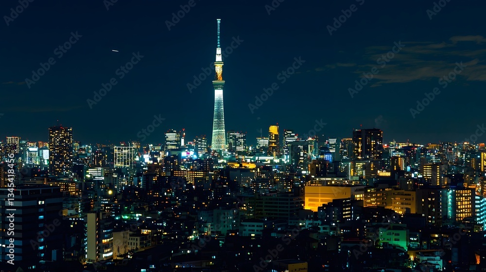 Poster futuristic smart city skyline with illuminated skyscrapers modern architecture and a digital data ov