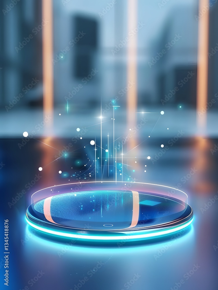 Poster glowing wireless charging pad with futuristic energy transfer visualization abstract technological b